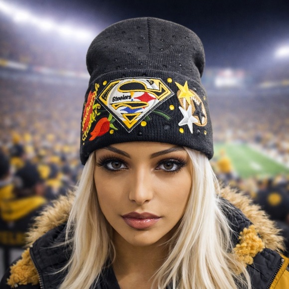 Unbranded Accessories - Pittsburgh Steelers Custom Rhinestone Beanie Black Knit Hat Rose Superman Logo